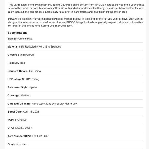 RHODE x Target Large Leafy Floral Print Hipster Coverage Bikini
Bottom Sz XL NWT - Picture 11 of 14